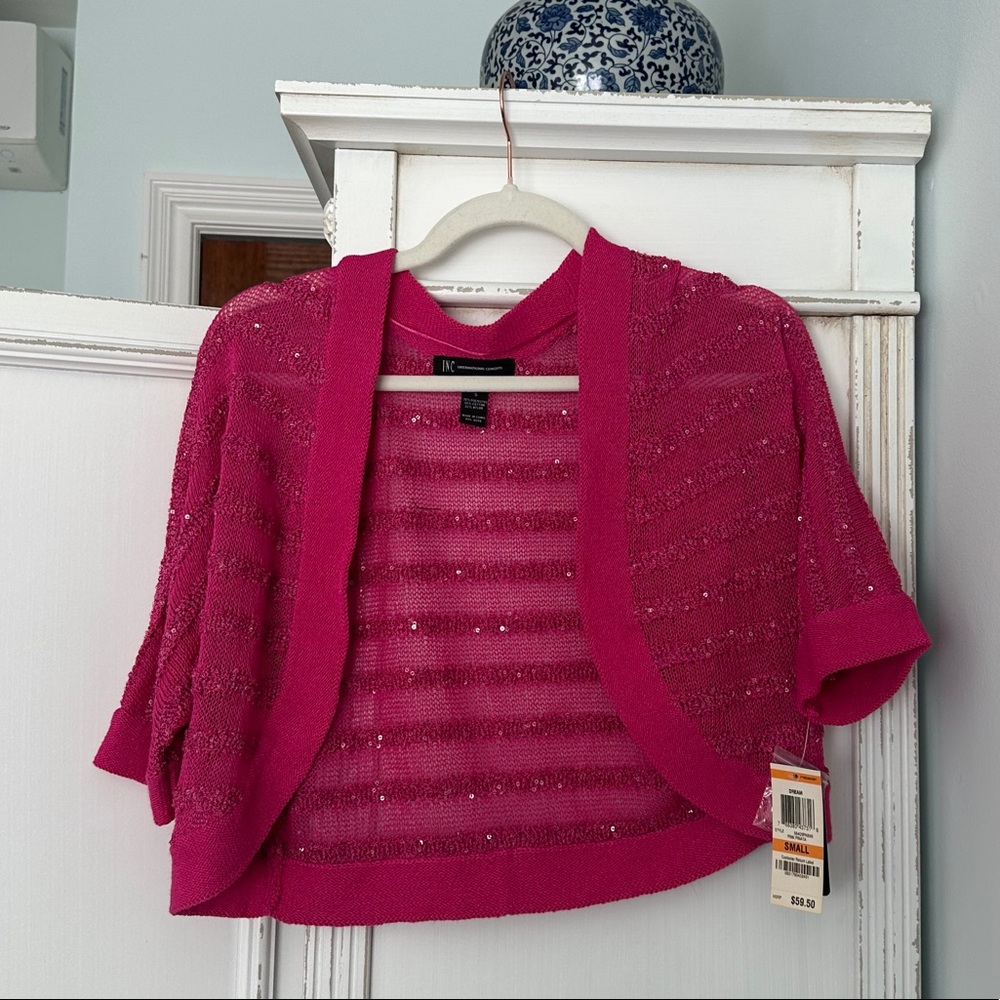 INC hot pink translucent sequined shrug